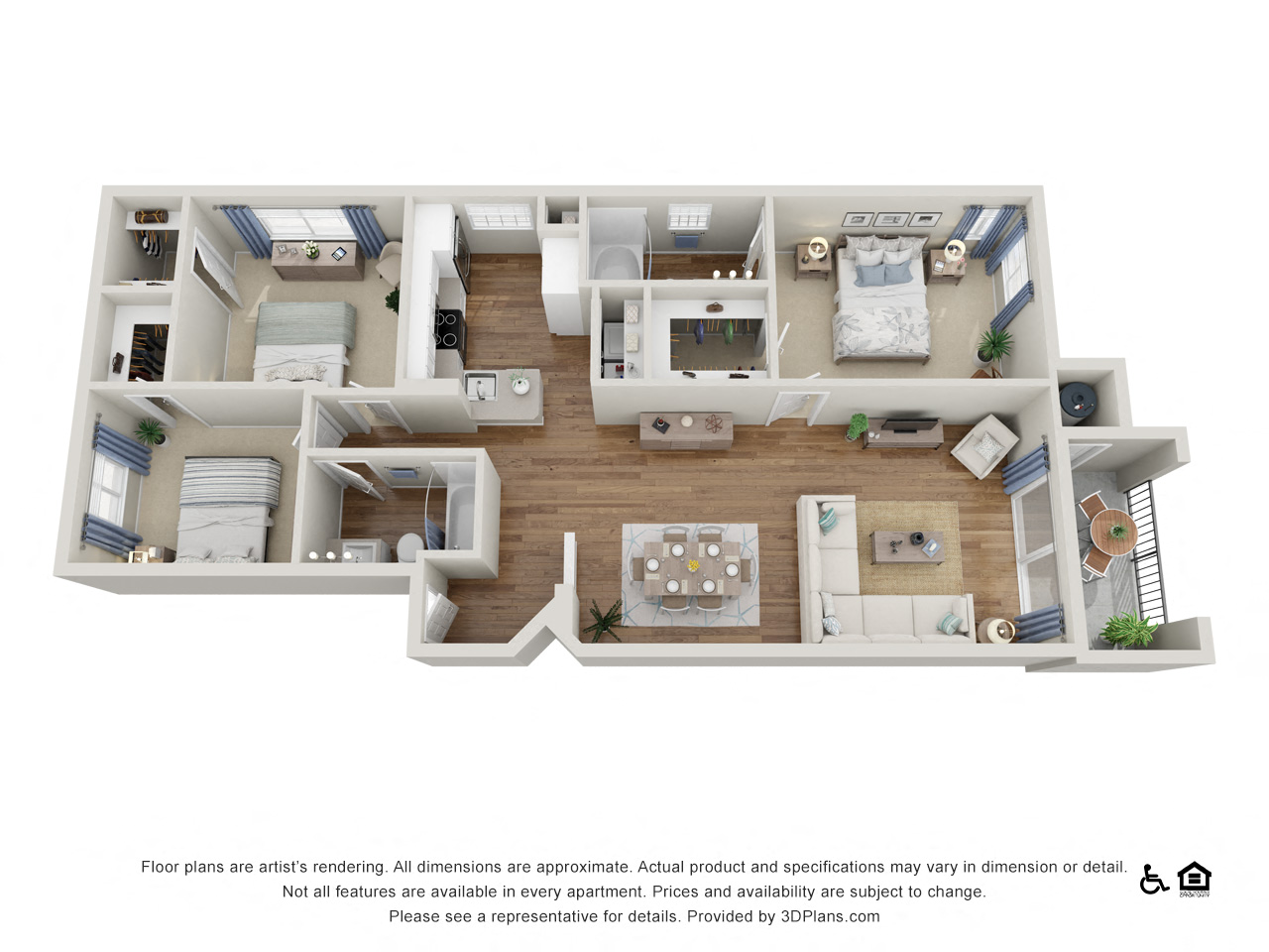 Floor plan for 3 beds, 2 baths, 1327 sqft